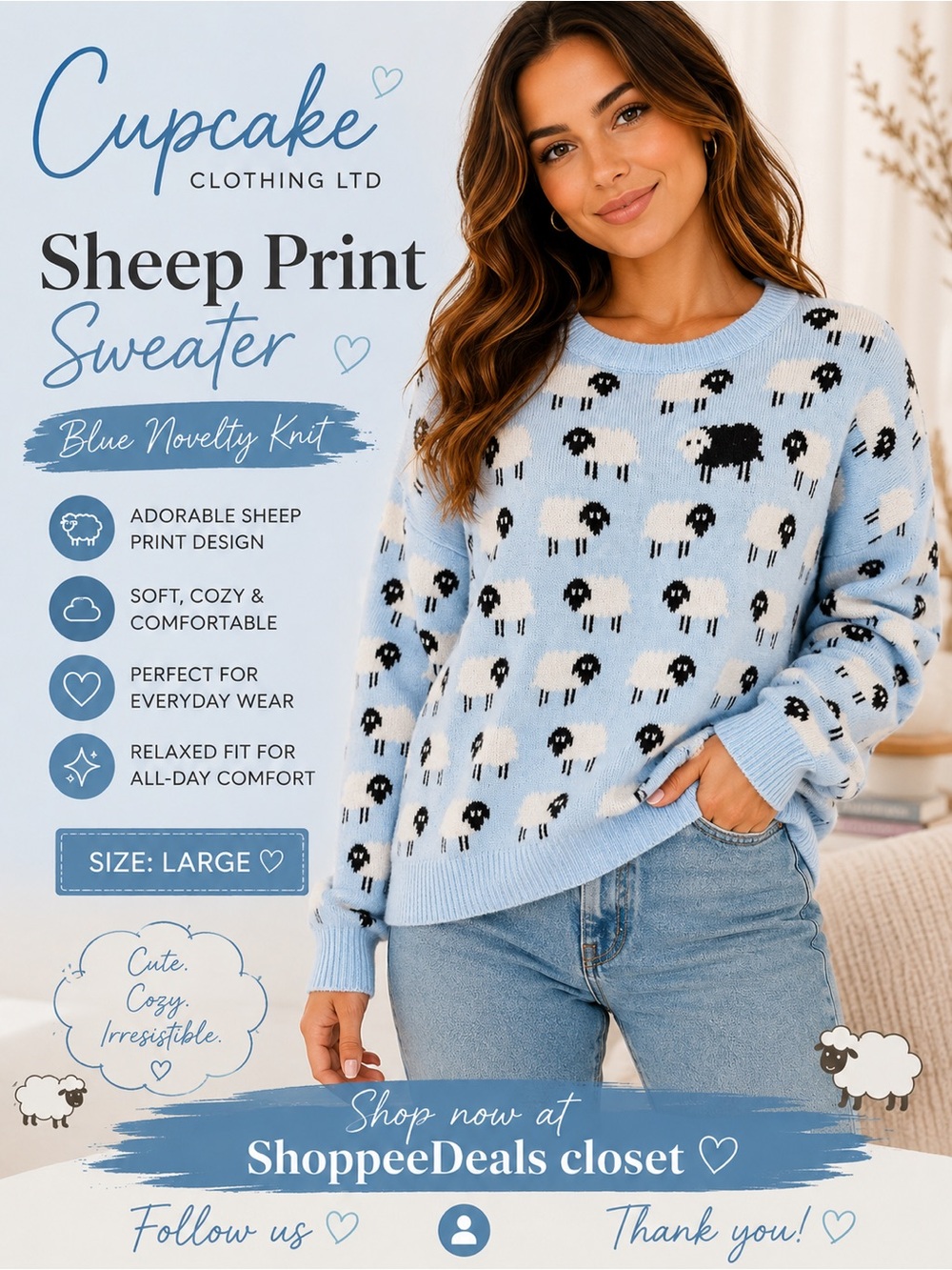 Cupcake Clothing Ltd Sheep Print Sweater Size Large Blue Novelty Kni